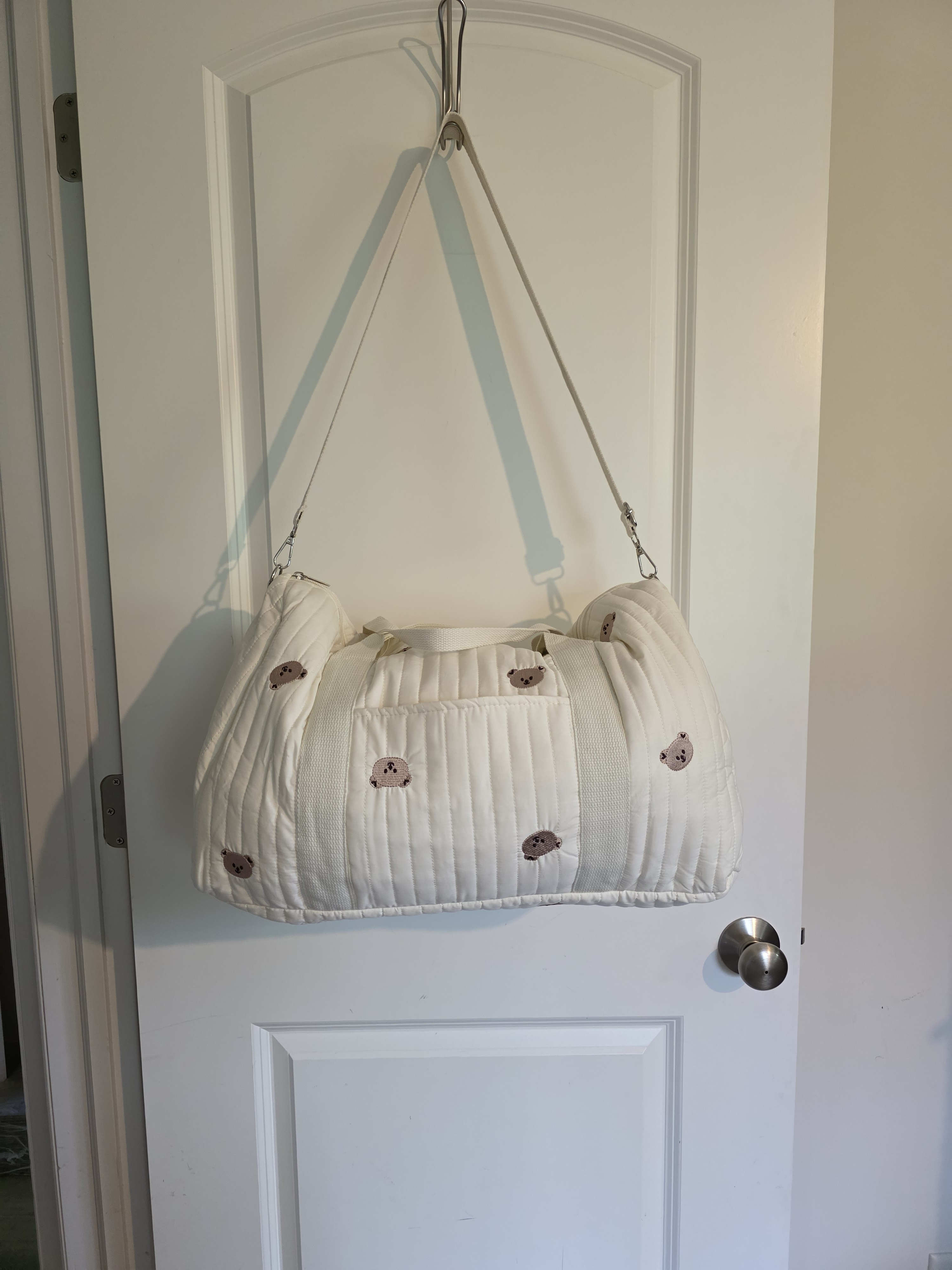 Cream Quilted Weekend Duffel With Bear Embroidery — image 2 of 5